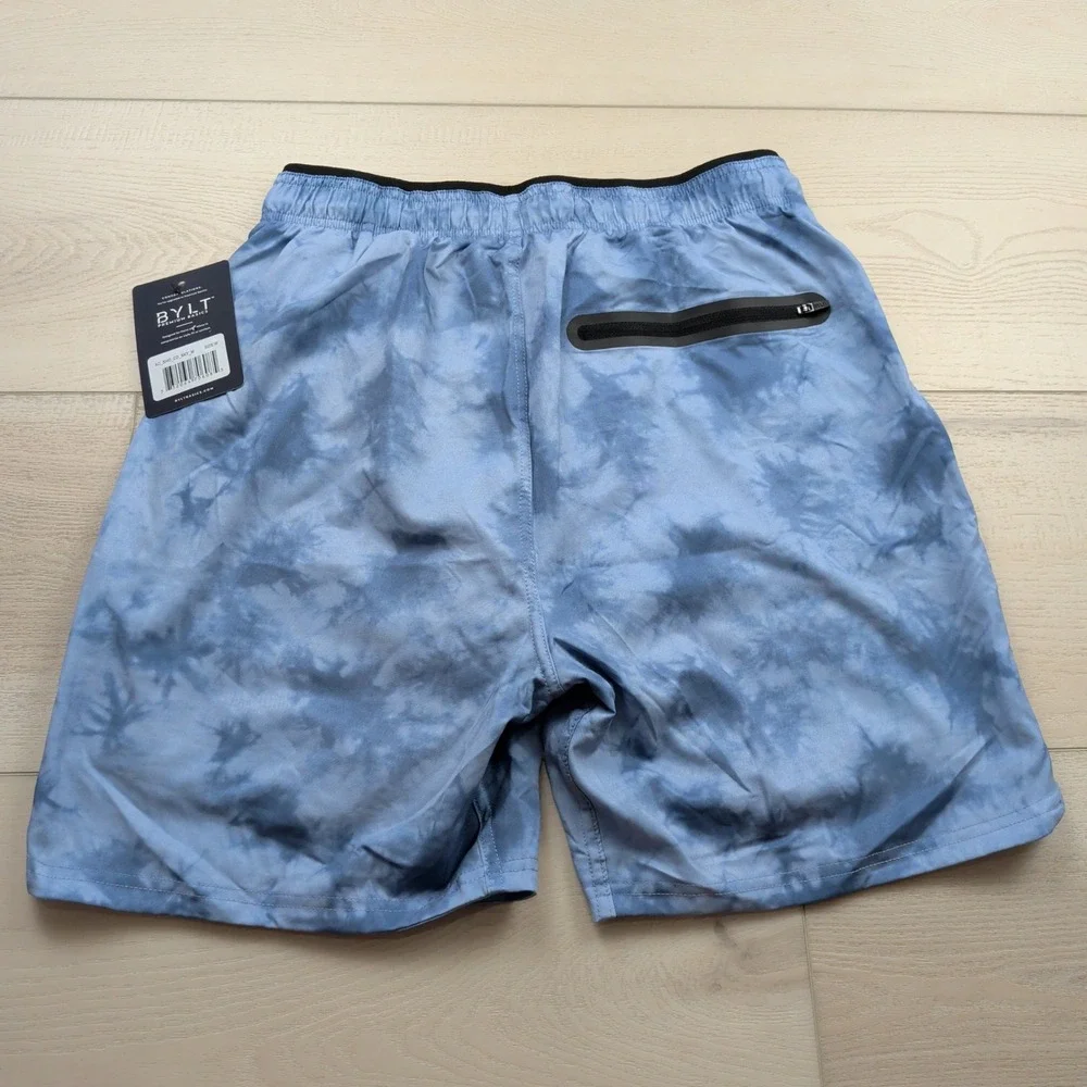 NEW BYLT Premium Basics Active Short Mens Medium Blue Tie Dye Sky Cloud Print